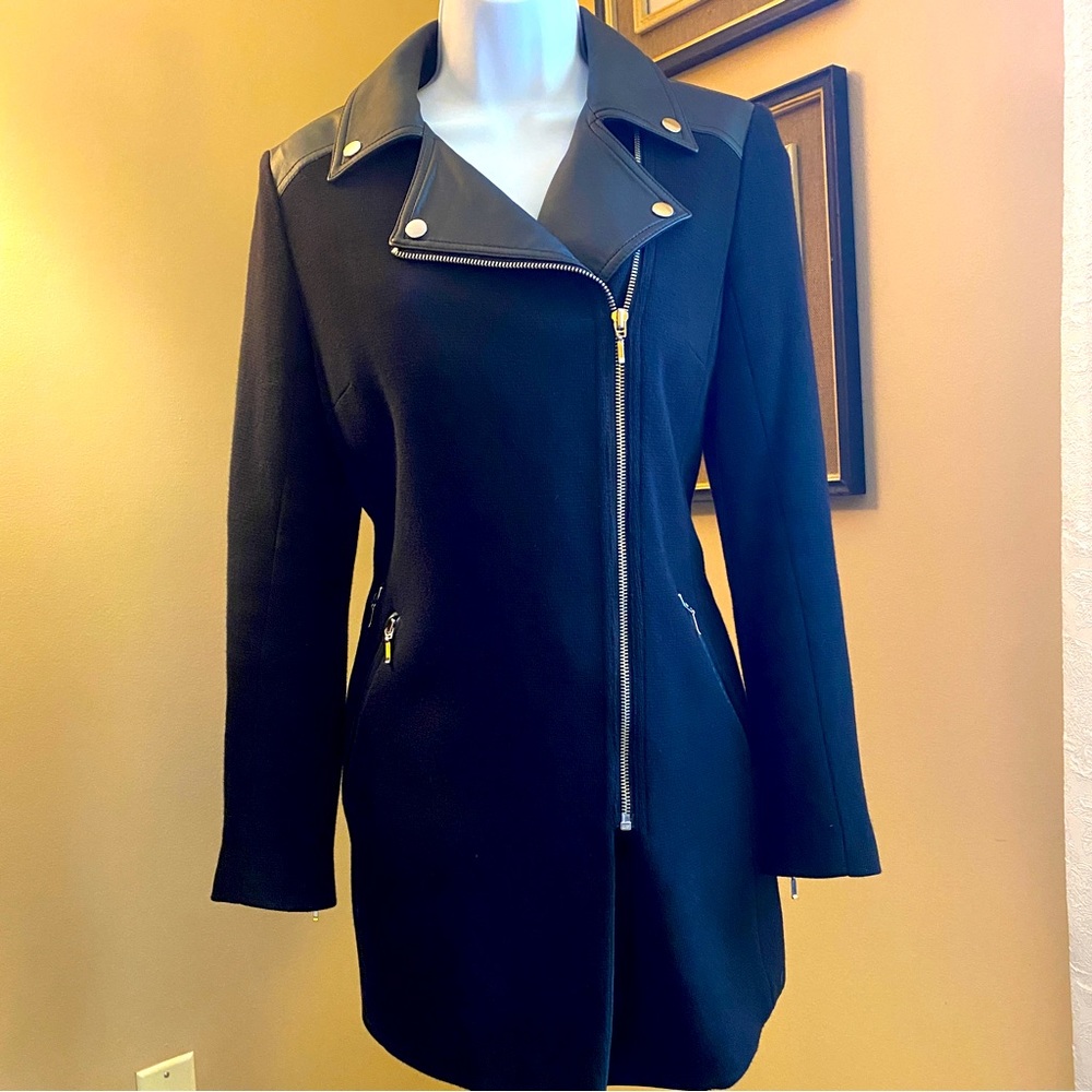 INC motorcycle style black knit long jacket with vegan leather accents.  Size S